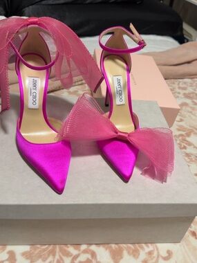 Waverly Hot Pink Satin Pointed-Toe Ankle-Strap Heels with Tulle Bows